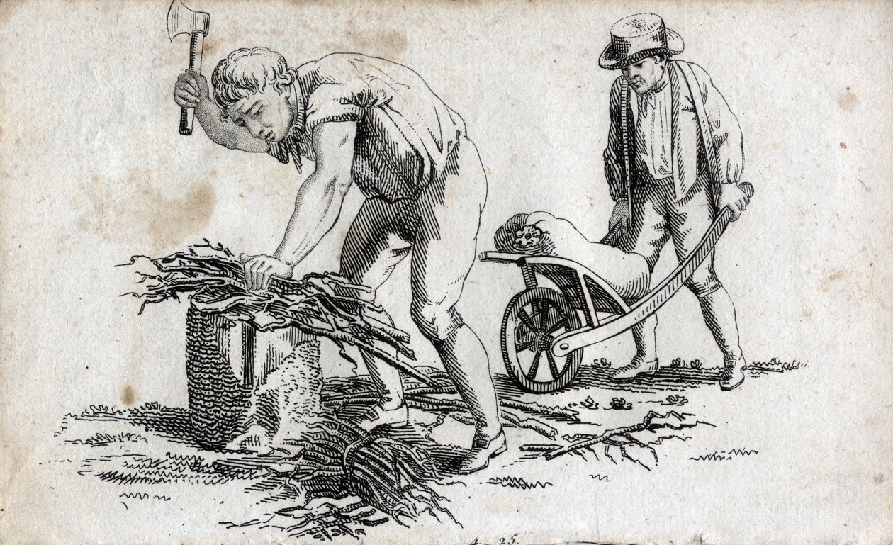 Trägubbar som gör buntar av trä och man som bär buntar på en skottkärra. Slutgravyr av 1700-talet. Privat samling. av Unknown artist