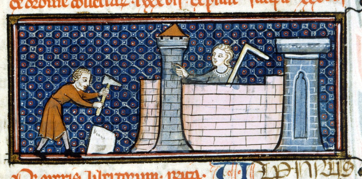 Arbetare som bygger ett befäst kloster, miniatyr från mitten av 1200-talet. Biblioteca Trivulziana. av Unknown artist