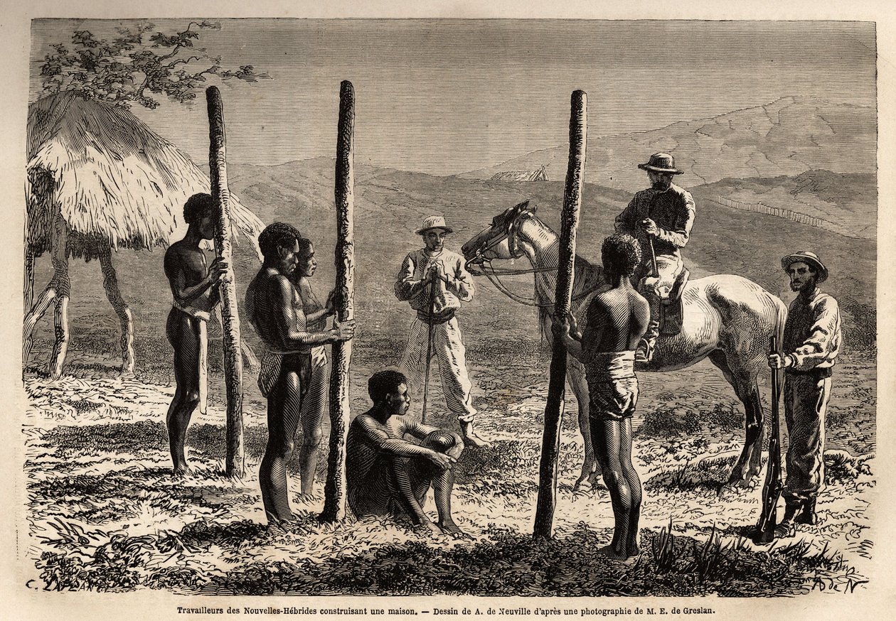 Arbetare från Nya Hebriderna (eller sedan 1980, Republiken Vanuatu, en melanesisk ögrupp i norra Nya Kaledonien), bygger ett hus, som författaren möter under en utflykt till häst. Gravyr för illustrrer le voyage à la Nouvelle Caledonie, av Unknown artist