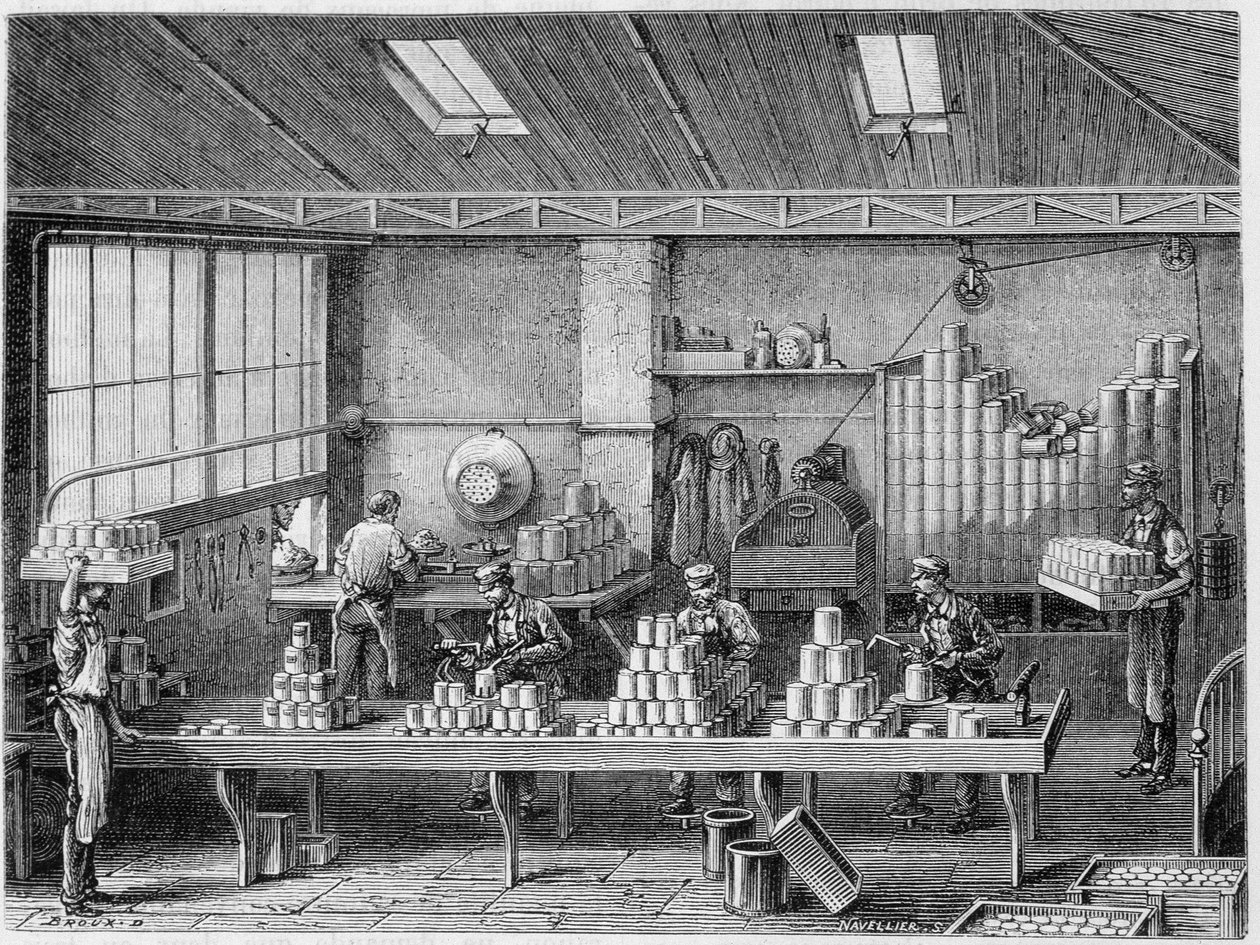 Workshop för fyllning och lödning av burkar - i "" Branschens underverk"" av Louis Figuier av Unknown artist