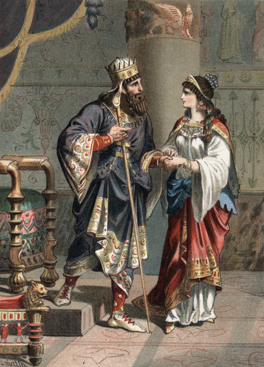 Xerxes I Achaemenid kung av Persien (519-465 f.Kr.) med sin hustru Amestris. Gravyr från 1881 i "" Skönhetskulten"" av Juan Justo Huguet, Molinas Hermanos editores av Unknown artist