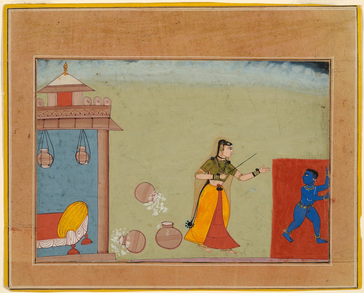 Yashoda tuktar sin fosterson, den unge Krishna, sida från ett manuskript av Bhagavata Purana av Unknown artist