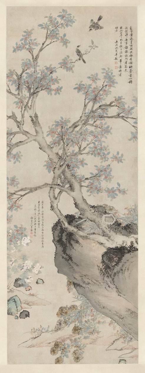 Gula krysantemum och röd osmanthus i stil med Wang Yuan av Unknown artist