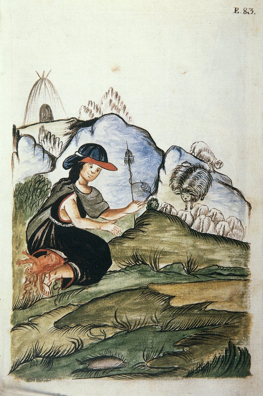 Ung indisk herdinna som föder barn i naturen, från boken "Trujillo del Peru" eller "Códice Martínez Compañón", av Baltazar Martinez Compañón y Bujanda, biskop av Trujillo (1782-1785) av Unknown artist