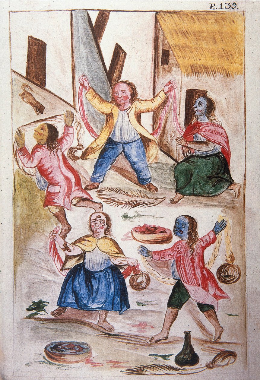 Unga indianer som dansar under karnevalen, från boken "Trujillo del Peru" eller "Códice Martínez Compañón", av Baltazar Martinez Compañón y Bujanda, biskop av Trujillo (1782-1785) av Unknown artist