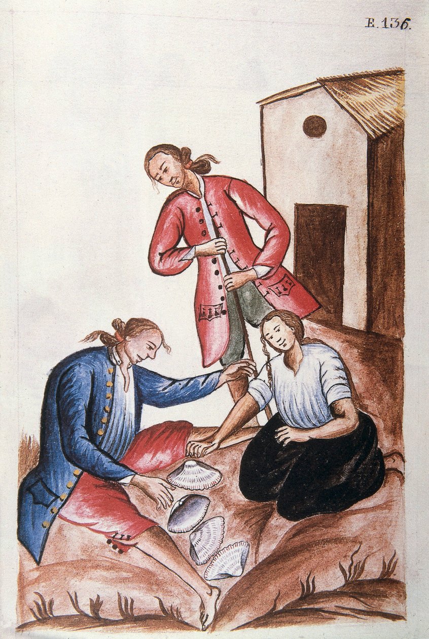 Unga indianer som spelar snäckskal, från boken "Trujillo del Peru" eller "Códice Martínez Compañón", av Baltazar Martinez Compañón y Bujanda, biskop av Trujillo (1782-1785) av Unknown artist