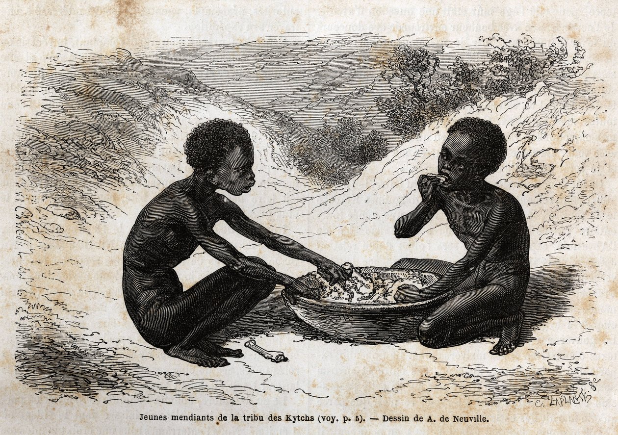 Unga tiggare från Kychi-stammen (belägen i Upper Nile-regionen) tar ett måltidsbyte mot några buntar. Gravyr för att illustrera resan till Lake Albert av Unknown artist