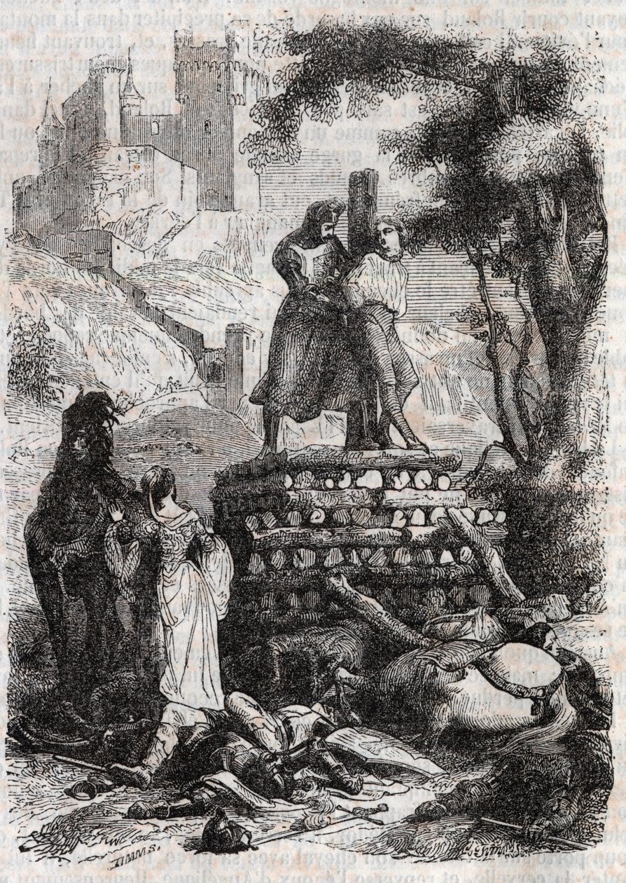 Zerbin on the Bucher, Delivre av Roland - gravyr från 1851 från "" Furious Roland"" av Unknown artist