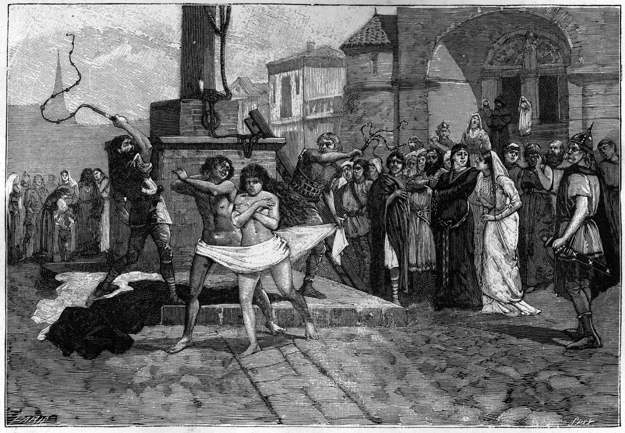 en man och en kvinna äktenskapsbrytare piskas på torget i en by i Frankrike under medeltiden. Gravyr från 1800-talet som illustrerar fransmännens moral. av Unknown artist