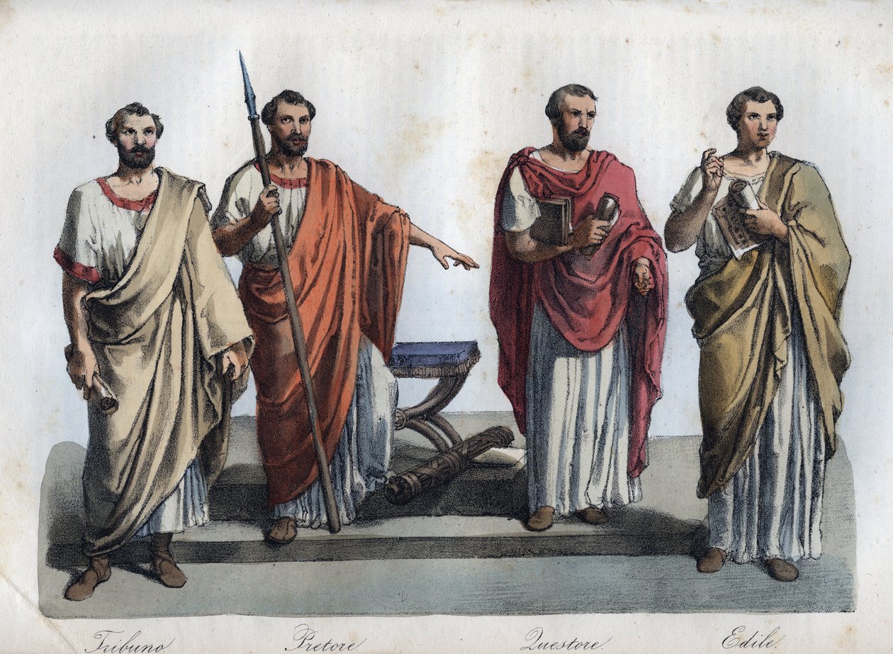 magistrater i det antika Rom - Tribunus (Tribune) - praetor (Preteur) (Magistrate) - Quaestores (Quaestors) - aediles (ediles) gravyr från "" Användningar och seder för alla folk i universum. Eller historien om regeringen, lagarna, milisen, kungens av Unknown artist