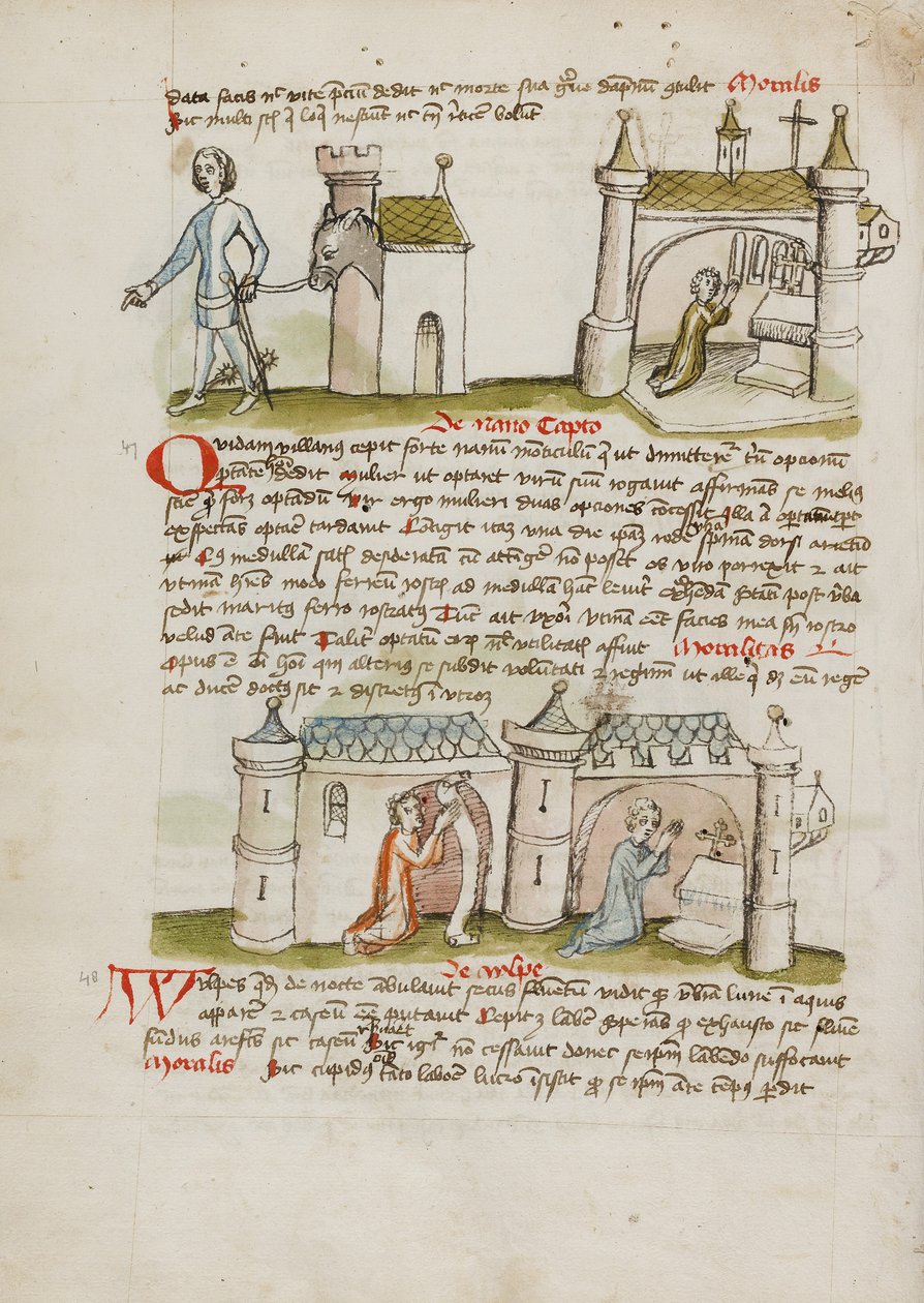 En man med svärd och sporrar leder en åsna från sitt hus medan en man ber i en närbelägen kyrka; två personer ber i en kyrka av Unknown artist/maker