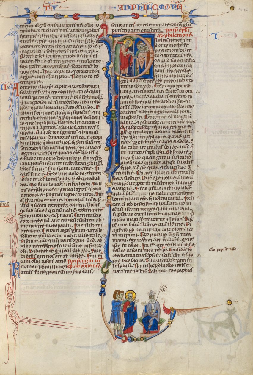 Initial P: Sankt Paulus ger en bokrulle till en biskop av Unknown artist/maker