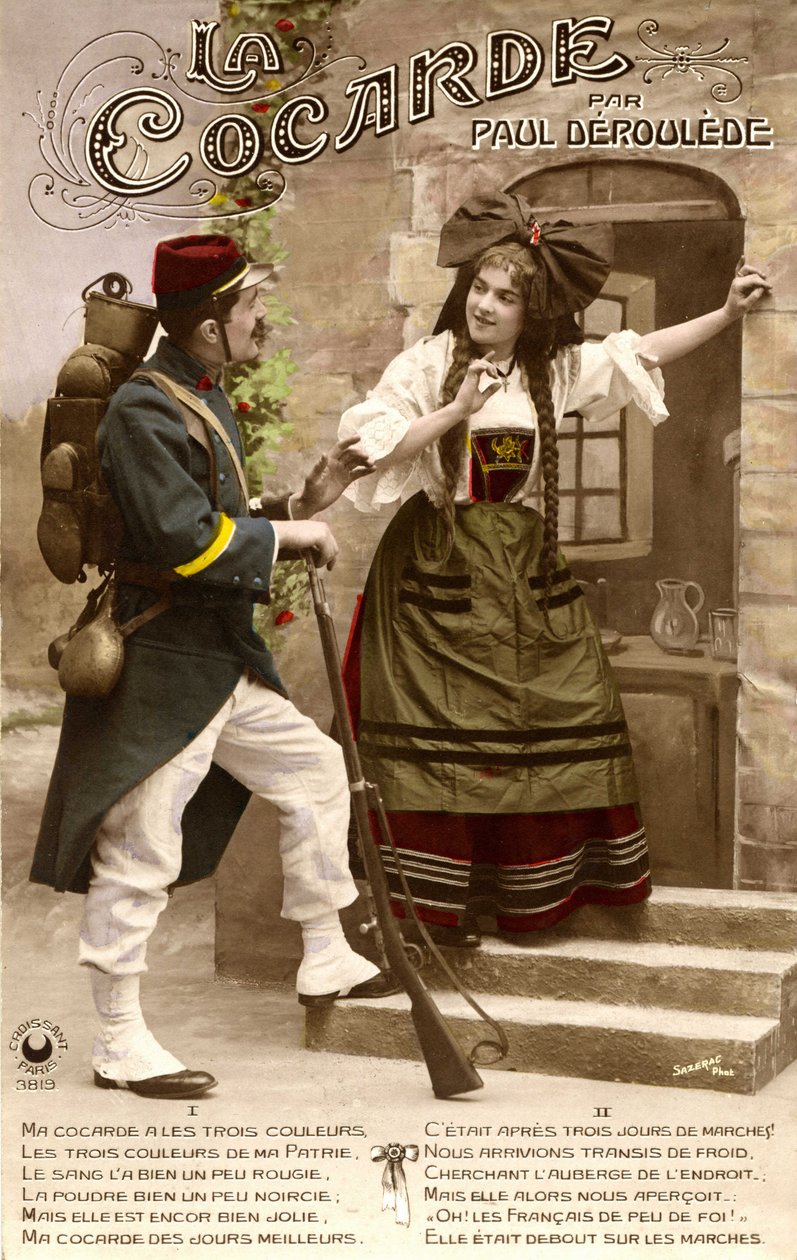 Fästning av Alsace Lorraine under första världskriget: Fransk soldat och alsacisk kvinna samtalar. Vykort 1914-1918. av Unknown photographer