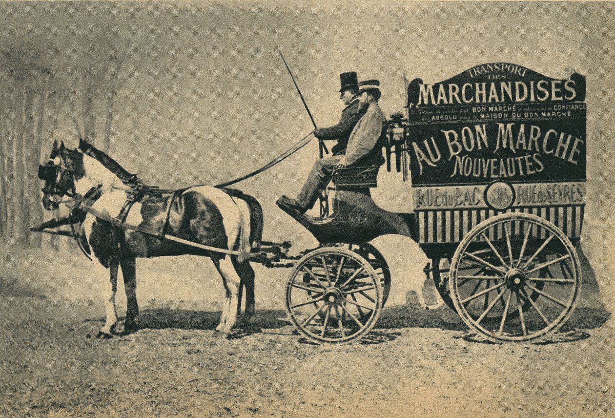 Leverans hästbil från butiken "" Au Bon Marche" i Paris, rue du Bac och rue de Sevres. Fotografi, sent 1800-tal, Paris. Coll. Selva. av Unknown photographer