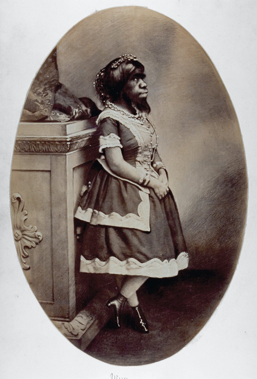 Porträtt i helfigur av det mänskliga fenomenet Giulia Pastrana av Unknown photographer