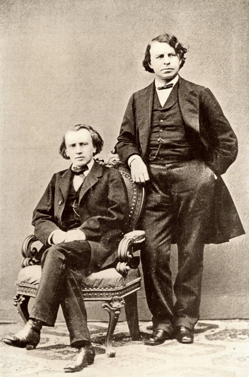 Johannes Brahms (1833-1897), tysk kompositör, sittande tillsammans med Joseph Joachim (1831-1907), ungersk violinist och kompositör samt chef för Berlins konservatorium. Rasterton från ett fotografi (tryck) av Unknown photographer