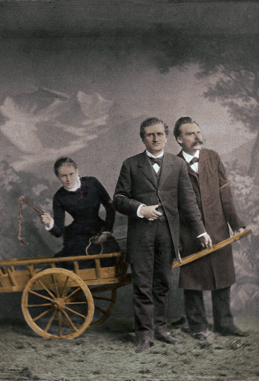Paul Ree (1849-1901) engelsk filosof - Lou Andreas-Salome (1861-1937) (Andreas Salome) Rysk psykoanalytiker - Friedrich Nietzsche (1844-1900) tysk filosof - maj 1882 (Lucerne, Atelier Jules Bonnet) - numerisk färgläggning av Unknown photographer