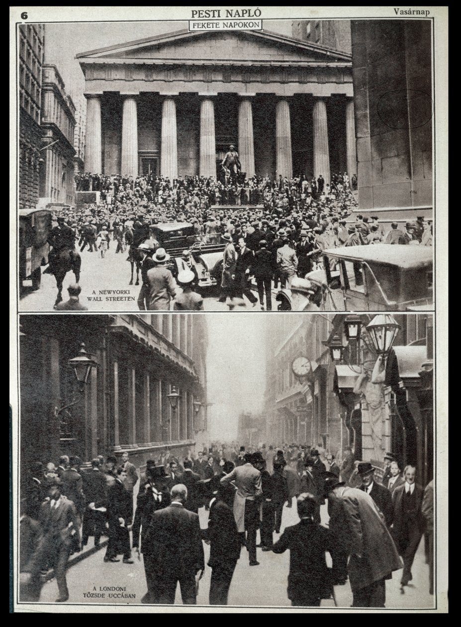 Överst: Svarta dagar på Wall Street; Nederst: Börsen i London vid tiden för kraschen 1929, ur "Pesti Naplo av Unknown photographer