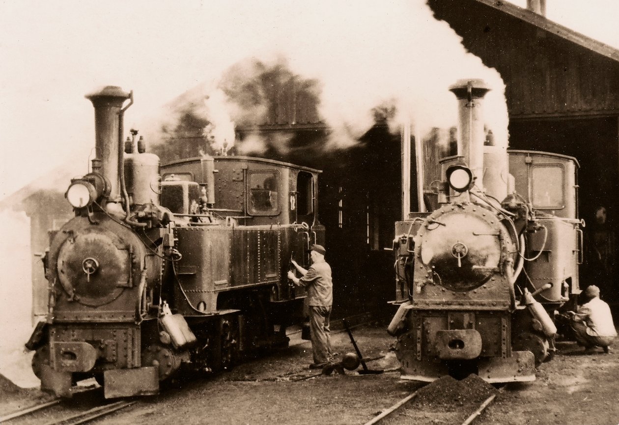 Två ånglok underhålls av två arbetare. av Unknown photographer