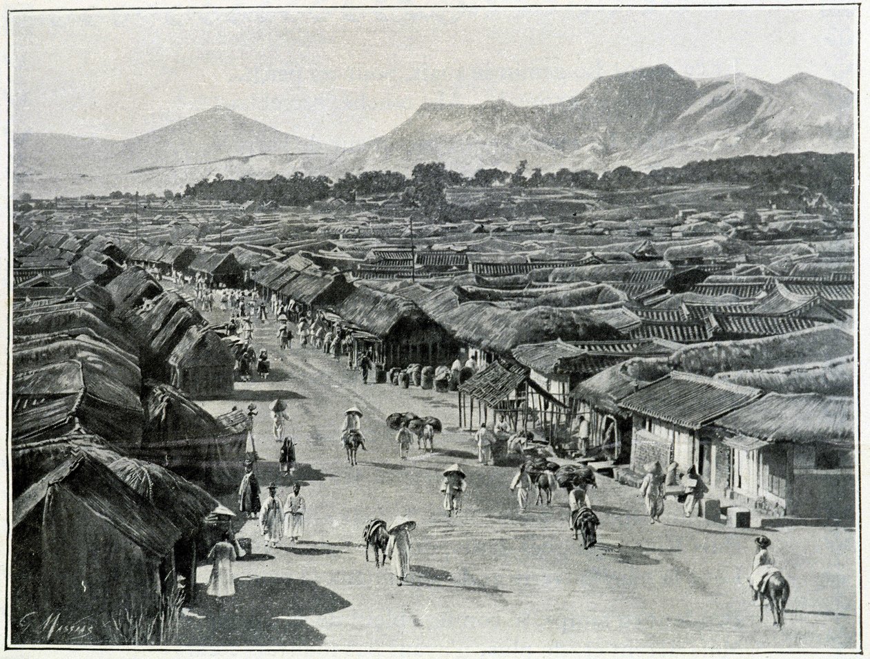 Utsikt över huvudgatan i Seoul, Koreas huvudstad på 1800-talet av Unknown photographer