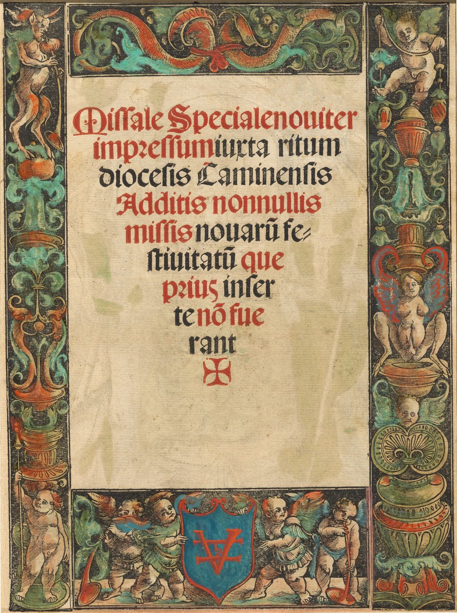 Titelsida för ett missal, med Satyr och Putti Border [verso] av Urs Graf I