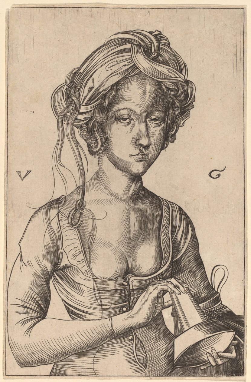 En bystfigur av en dåraktig jungfru som håller i sin inverterade lampa av Urs Graf I after Martin Schongauer