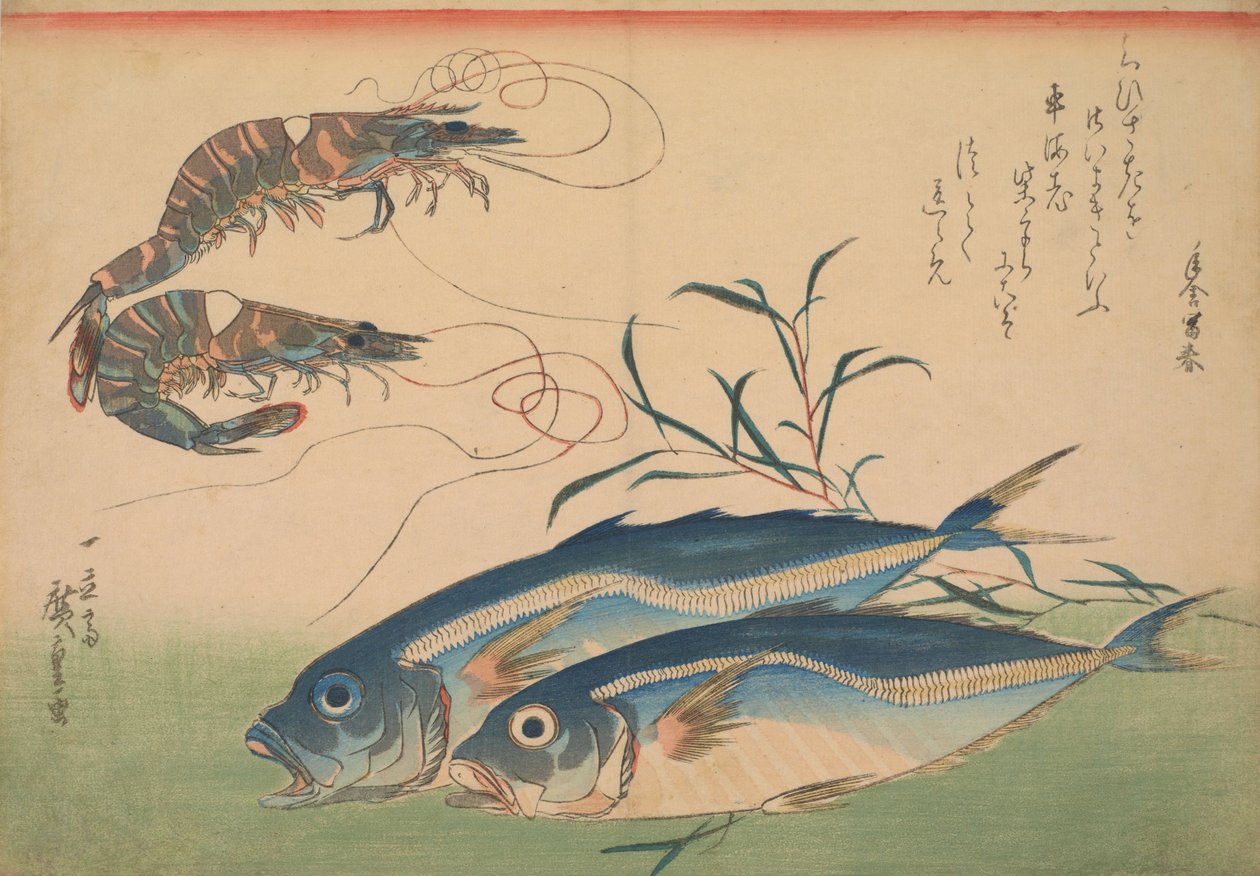 Horse Mackerel (Aji) with Shrimp or Prawn, with inscription av Utagawa Hiroshige
