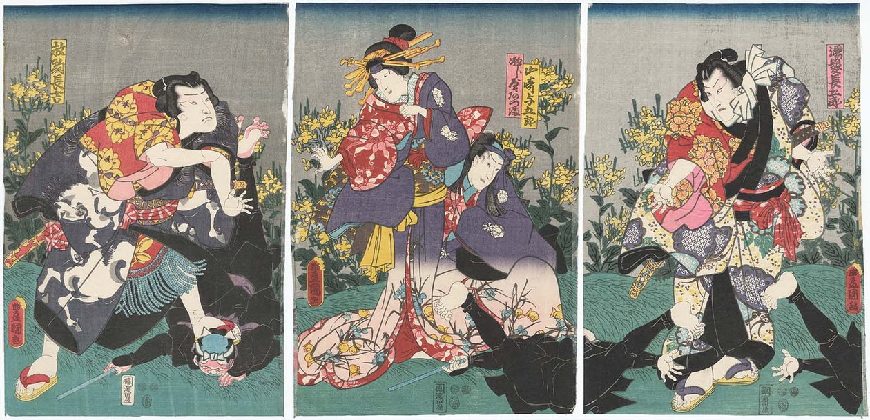  Actors Ichikawa Danjuro VIII as Nuregami Chogoro R, Ichikawa Saruzo I as Yamasaki Yogoro, Iwai Kumesaburo III as Azuma of the Fujiya C, and Arashi Rikan III as Hanaregoma Chokichi L av Utagawa Kunisada