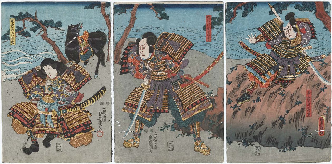  Actors Nakayama Bungoro II as Hirayama Mushadokoro Sueshige R, Ichimura Takenojo V as Kumagai Jiro Naozane C, and Bando Shuka I as Mukan tayu Atsumori L av Utagawa Kunisada