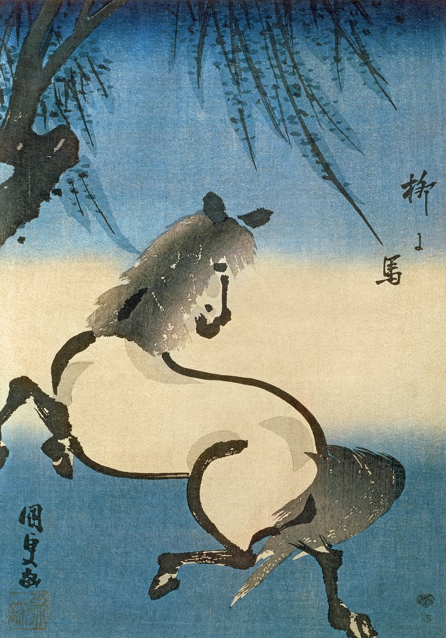 En häst som galopperar under ett pilträd, (träblock i färg) av Utagawa Kunisada