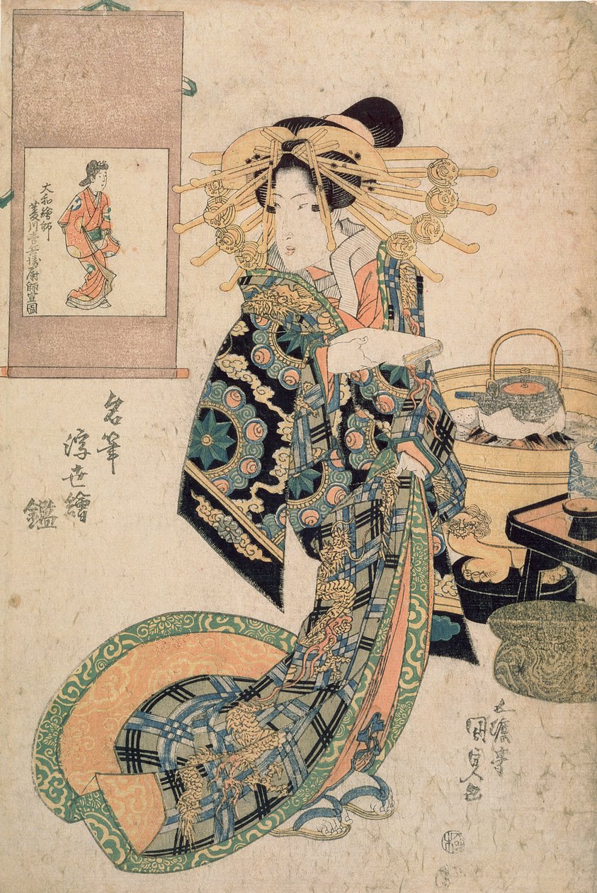 Kurtisan som liknas vid en målning av Moronobu, från serien "Mirror Brushes of Ukiyo-e", ca 1830 (färgsnitt) av Utagawa Kunisada