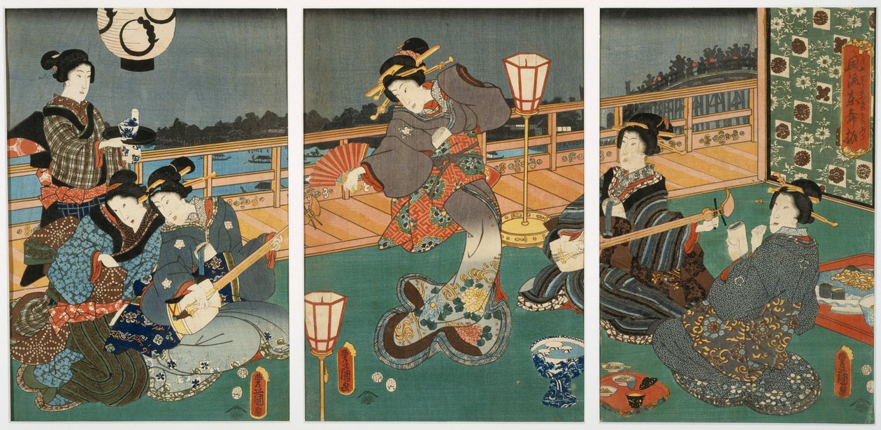 Courtesans Entertaining, triptyk, mitten av 1800-talet (träblock på mullbärspapper) av Utagawa Kunisada