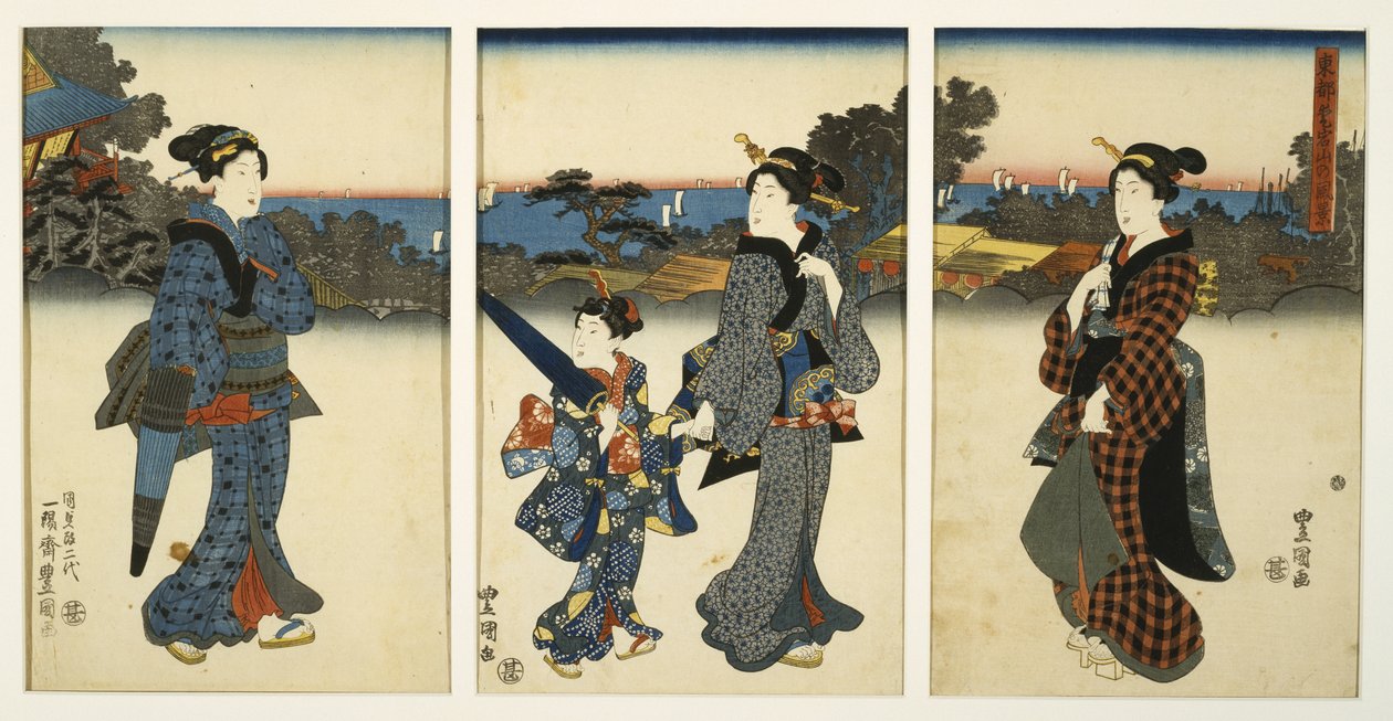 Courtesans Promenading by Sea, katikati ya karne ya 19 (machapisho ya mbao, triptych)swed av Utagawa Kunisada