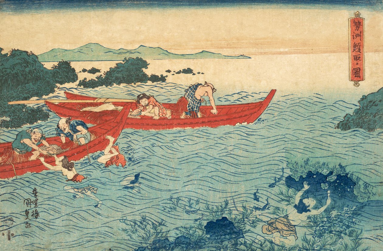 Fiske efter Abalone, pub.1840 av Utagawa Kunisada
