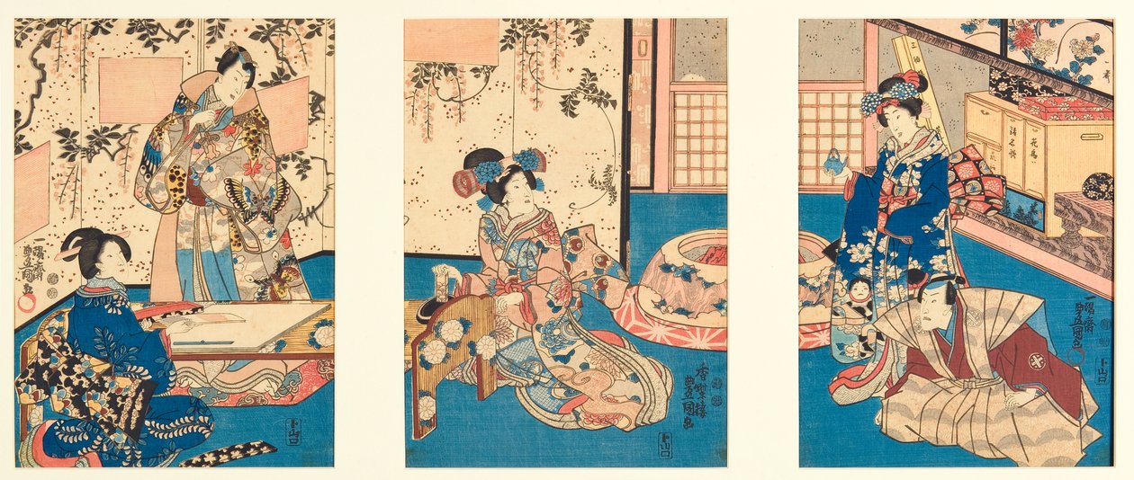 Att mala bläck för att skriva ett svarsbrev, inspirerat från Inaka Genji, 1851 (träblock) av Utagawa Kunisada