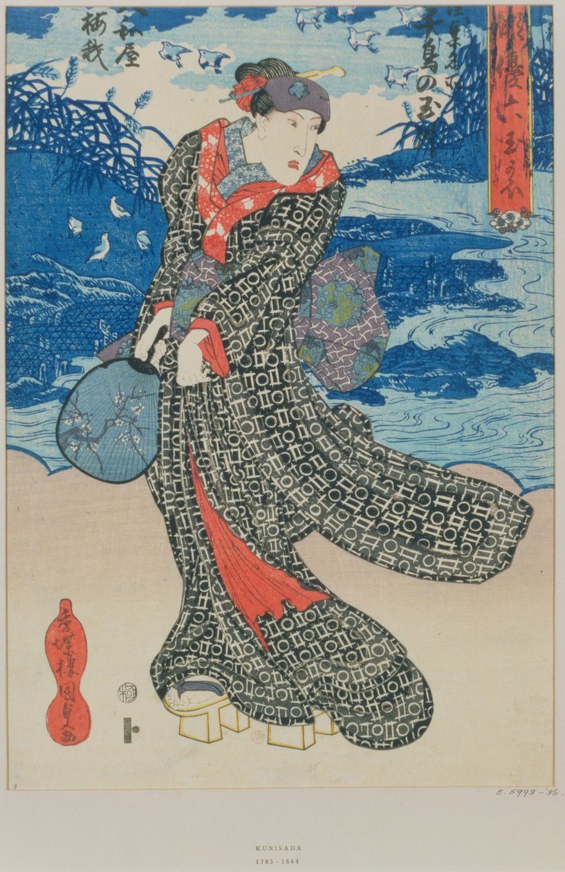 Japansk kvinna vid havet (träsnitt i färg) av Utagawa Kunisada