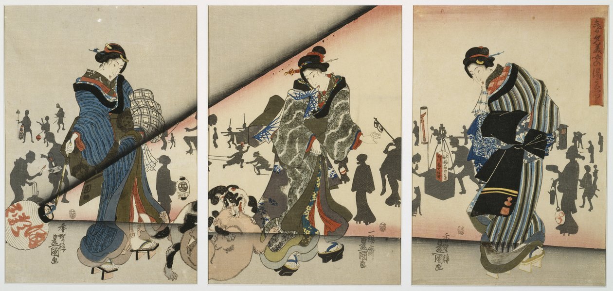 Nattscen med flickor, djur och lyktor, mitten av 1800-talet (trätryck, triptyk) av Utagawa Kunisada