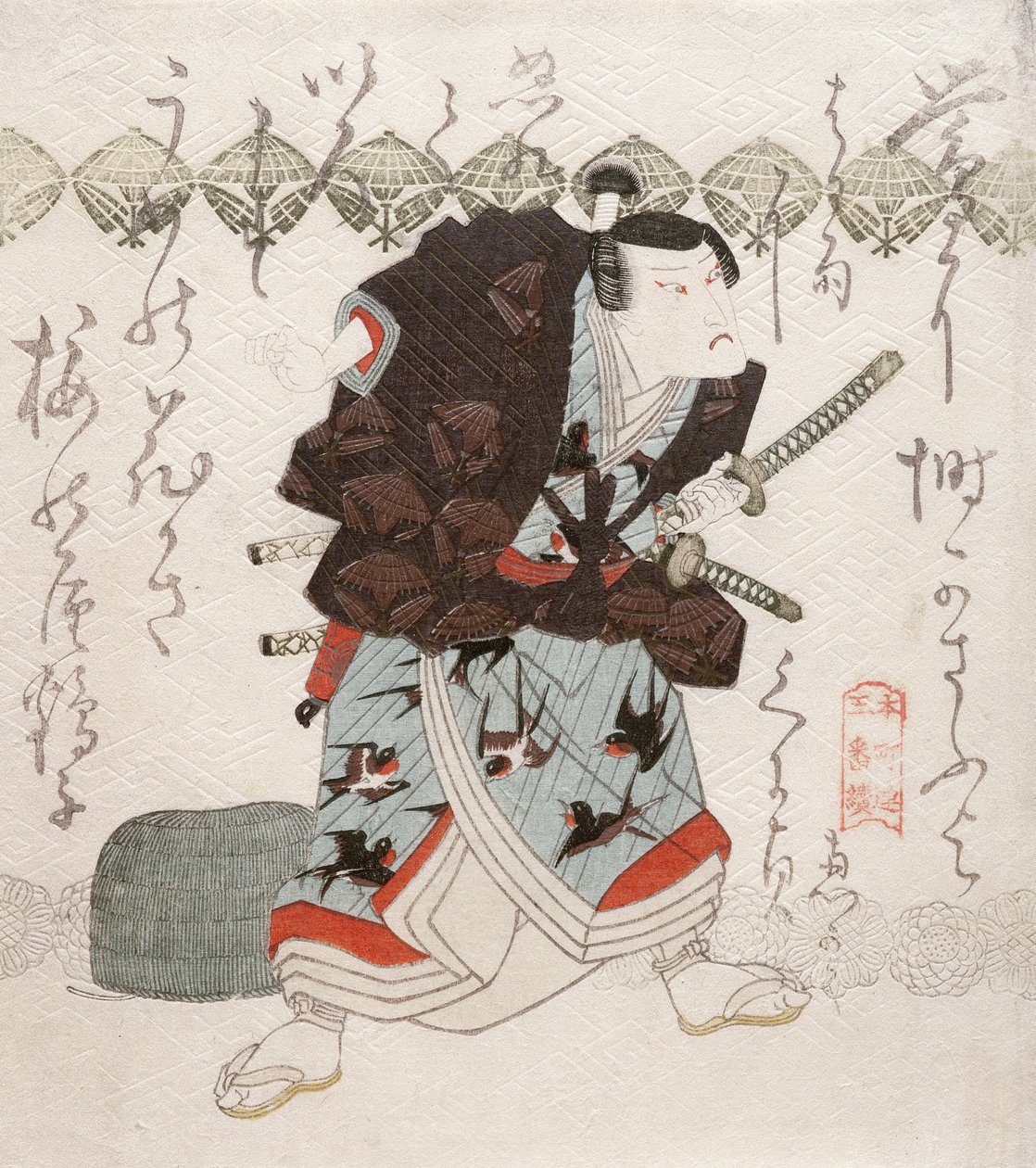 Onoe Kikugoro III som Nagoya Sanza i scenen Saya-ate (scabbards clashards), ca 1827-30 (färgat träblock) av Utagawa Kunisada