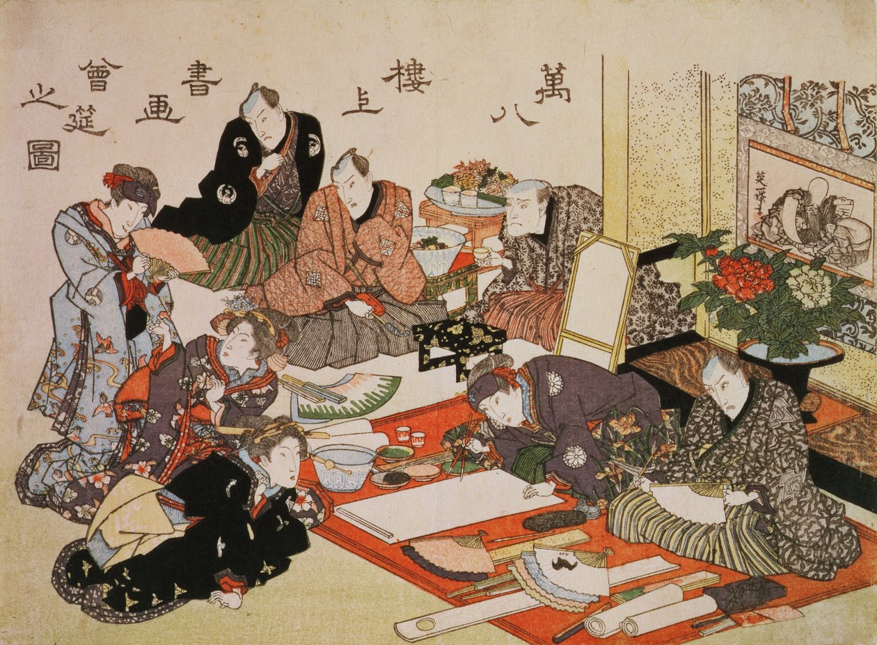 S.62-1938 Maler- og kalligrafifest på Manpachiro tehuset, 1827 (træblok i farver) (for ledsagende tryk se 69775) swed. av Utagawa Kunisada