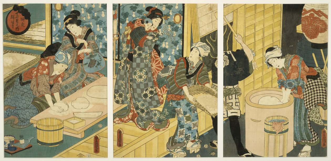 Förberedelser för nyårsdagen (Pounding Mochi), mitten av 1800-talet (träblocktryck, triptyk) av Utagawa Kunisada