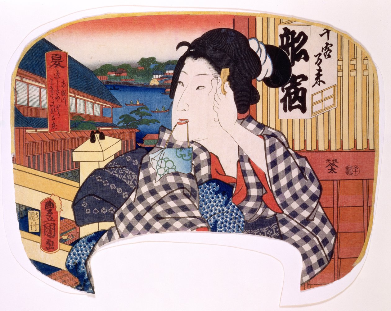 Sommar, floden vid Ryoguku; En geisha som kammar håret, design för en fläkt från en uppsättning om fyra som illustrerar årstiderna, 1858 (träblockstryck) av Utagawa Kunisada