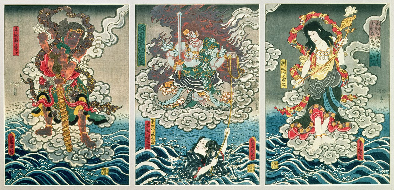 Skuespilleren Ichikawa Ebizo V som guddom Fudo Myoo, der redder Ichikawa Danjuro VIII som Honcho-maru TsunagoroHiranoya Tokubei ledsaget af andre skuespillere som Seitaka-Doji og Kongara-Doji, ca. 1850 (farvegift) av Utagawa Kunisada