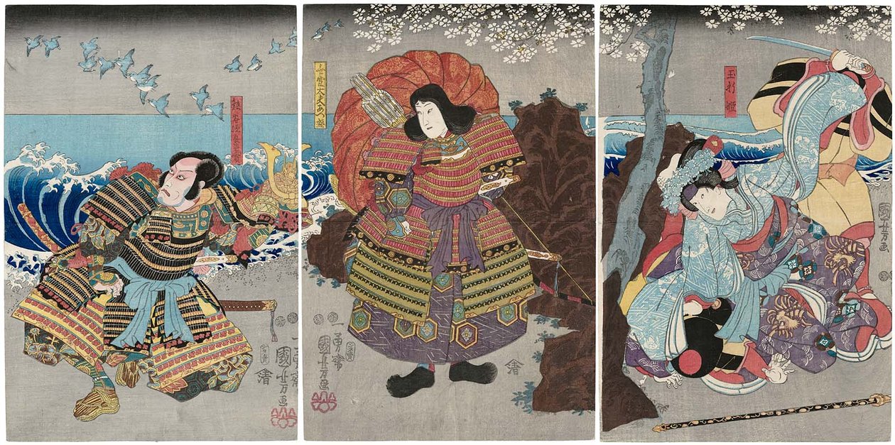  Actors Iwai Kumesaburo III as Tamaori-hime R, Ichikawa Saruzo I as Mukan Dayu Atsumori C, and Ichikawa Ebizo V as Kumagai Jiro Naozane L av Utagawa Kuniyoshi