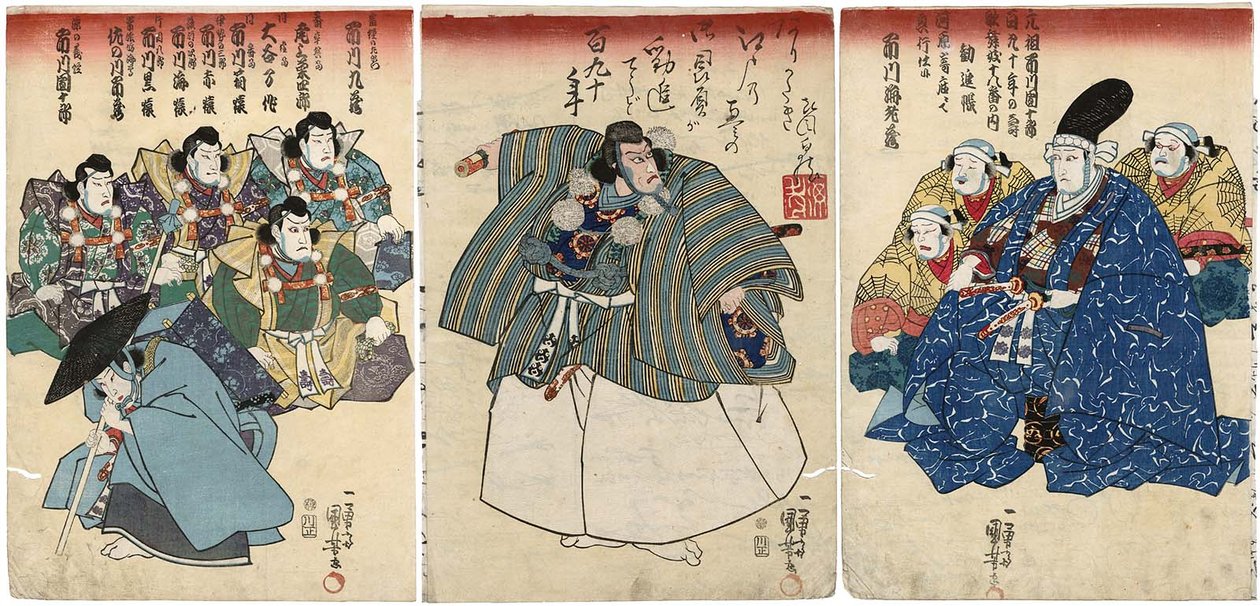  Actors in Kanjincho: Ichikawa Kuzo II as Togashi no Saemon R, Ichikawa Ebizo V as Musashibo Benkei C, Ichikawa Danjuro VIII as Minamoto no Yoshitsune L av Utagawa Kuniyoshi