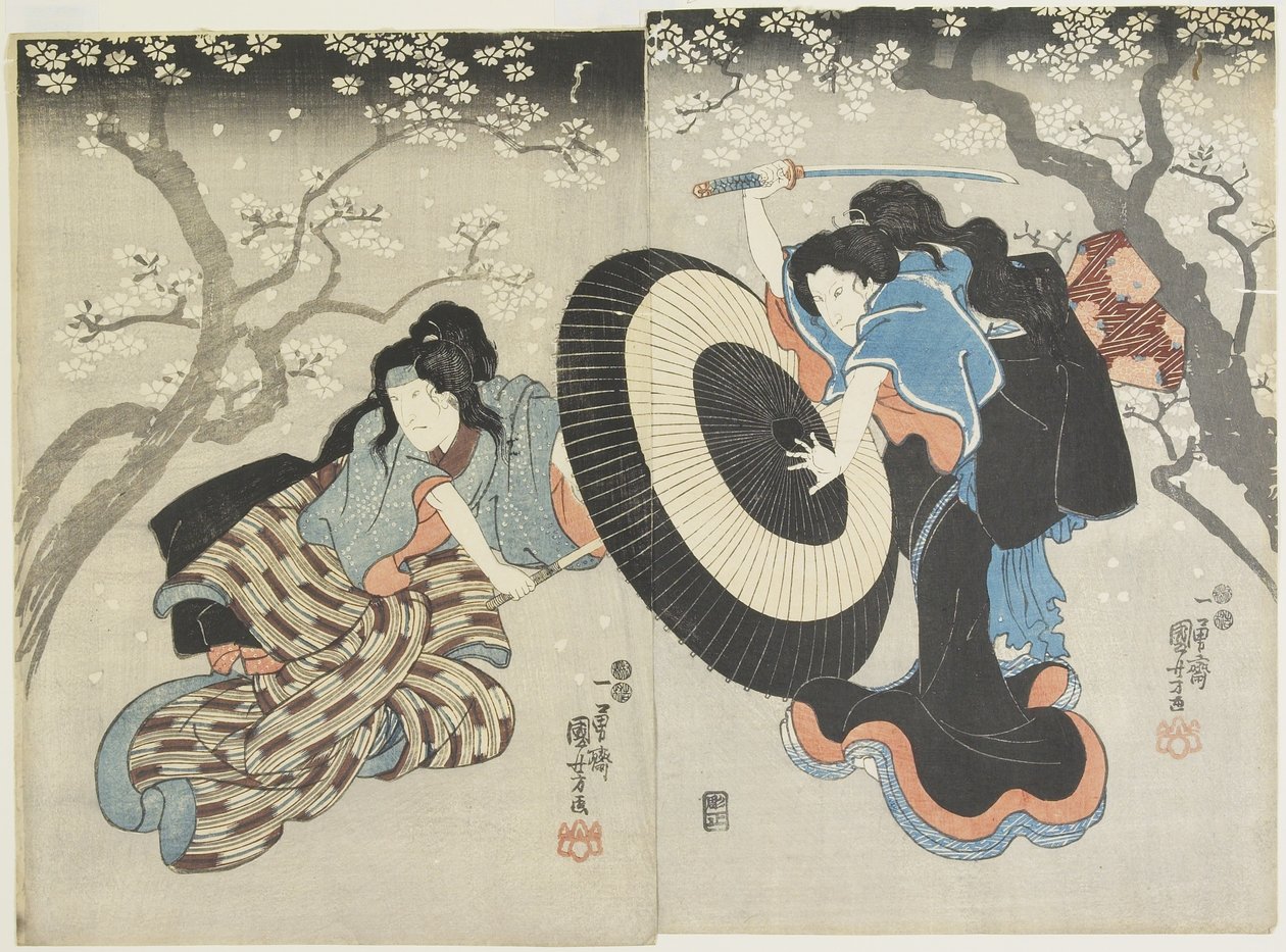 (Två kvinnor som slåss under körsbärsträd, en scen från en Kabuki-pjäs), 1847-1852 av Utagawa Kuniyoshi