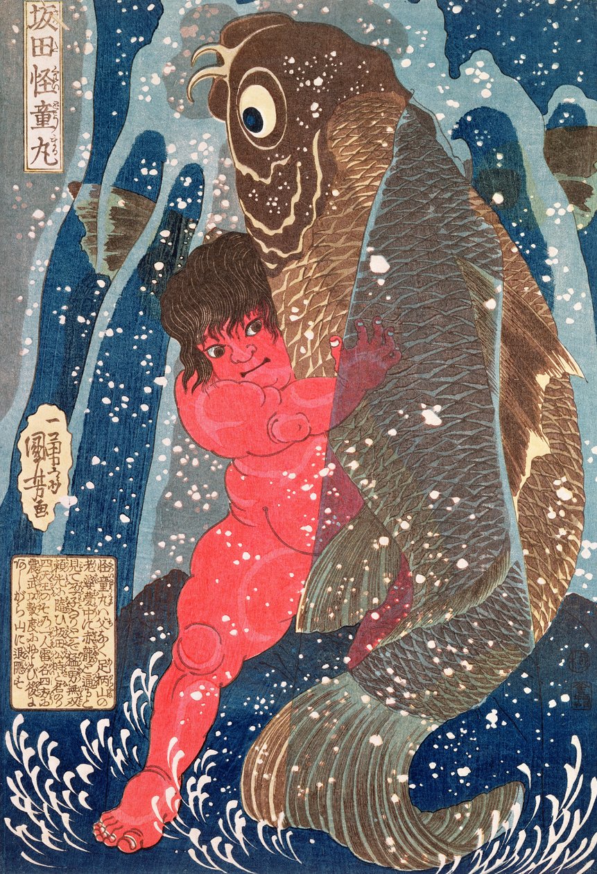 Kintoki simmar uppför vattenfallet (trätryck) (se även 100501) av Utagawa Kuniyoshi