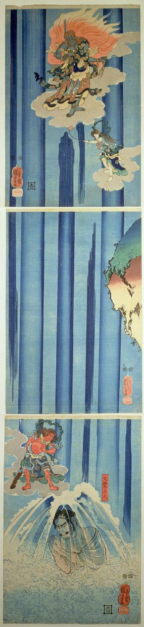 Mongaku Shonin under vattenfallet, ca 1851 (vertikal triptyk) av Utagawa Kuniyoshi