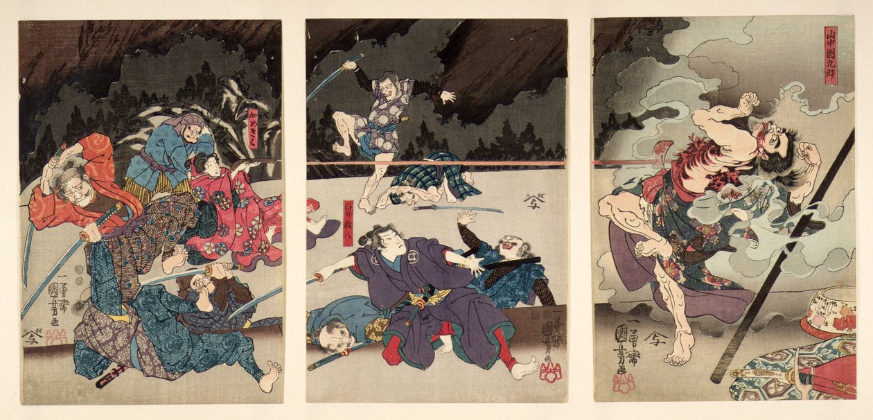P.216-1955 Yamanaka Dankuros död, triptyk (träsnitt) av Utagawa Kuniyoshi