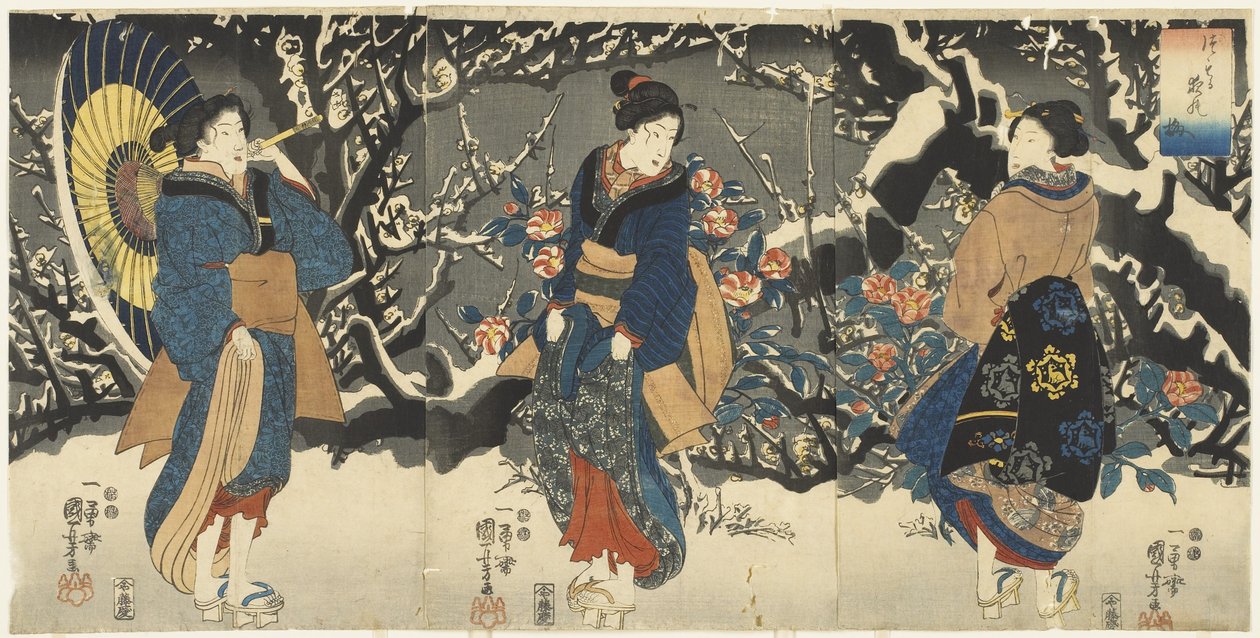 Plommonblomningar i kvällssnön, 1847-1852 av Utagawa Kuniyoshi