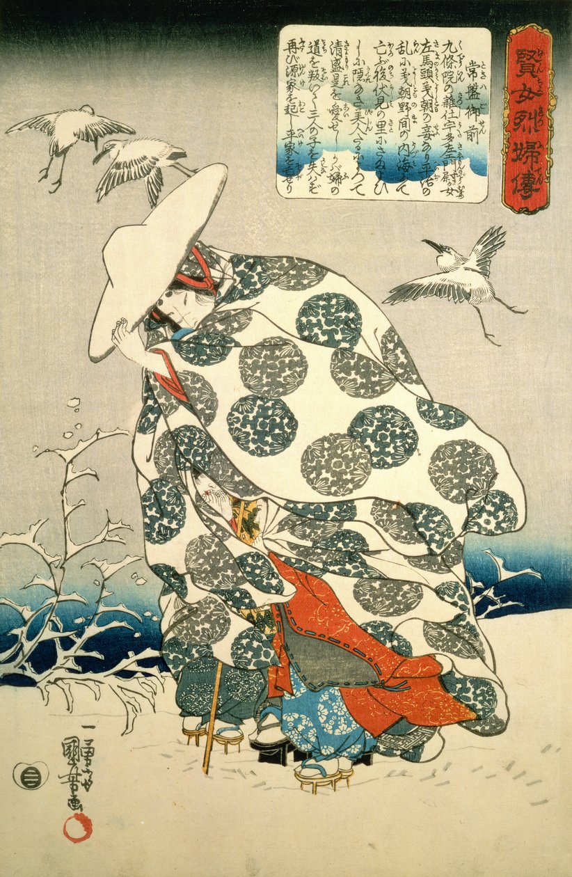 Tokiwa-Gozen med sina tre barn i snön, pub. ca 1840, (färgsnitt) av Utagawa Kuniyoshi
